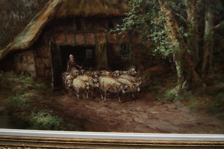 Pasterka i owce niemieckie malarstwo olejne Jurgen Winter