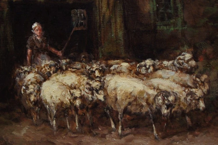Pasterka i owce niemieckie malarstwo olejne Jurgen Winter