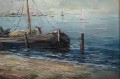 Łodzie rybackie na brzegu południowym impresjonistyczne malarstwo szpachlowe