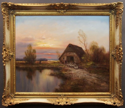 Pasterz z owcami o zachodzie słońca obraz olejny Dieter Lukas Larsen