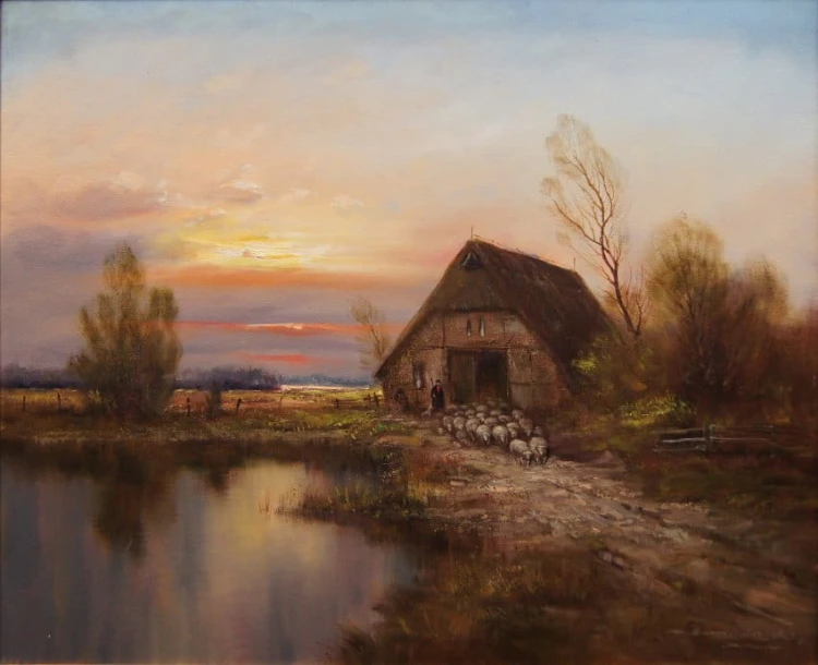 Pasterz z owcami o zachodzie słońca stary obraz olejny Dieter Lukas Larsen