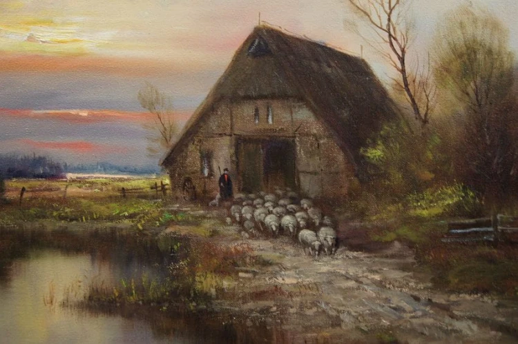 Pasterz z owcami o zachodzie słońca obraz olejny Dieter Lukas Larsen