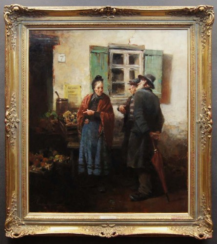 Przed straganem warzywnym stary przedwojenny obraz olejny Hermann Schmidtmann