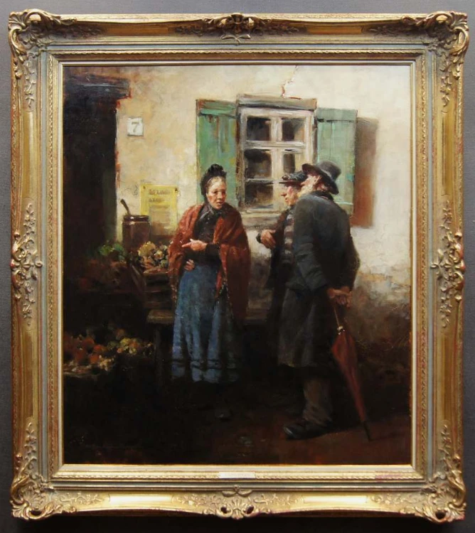 Przed straganem warzywnym stary przedwojenny obraz olejny Hermann Schmidtmann
