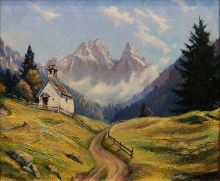 Górska kapliczka na tle pejzażu Hermann Otto Hoyer