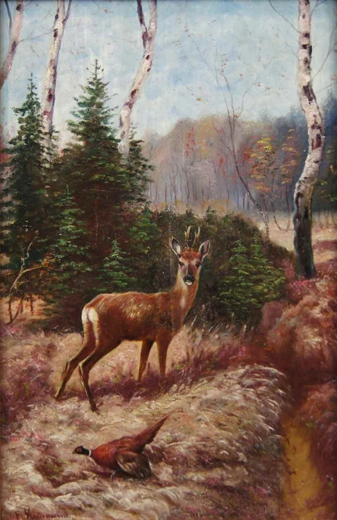 Friedrich Kottmann I Sarna i bażant animalistyczny obraz na desce