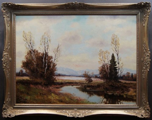 Malowniczy pejzaż olejny I Widok znad oczka wodnego