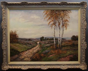 Josef Sühs - Polna droga wśród wrzosów i brzóz malarstwo pejzażowe