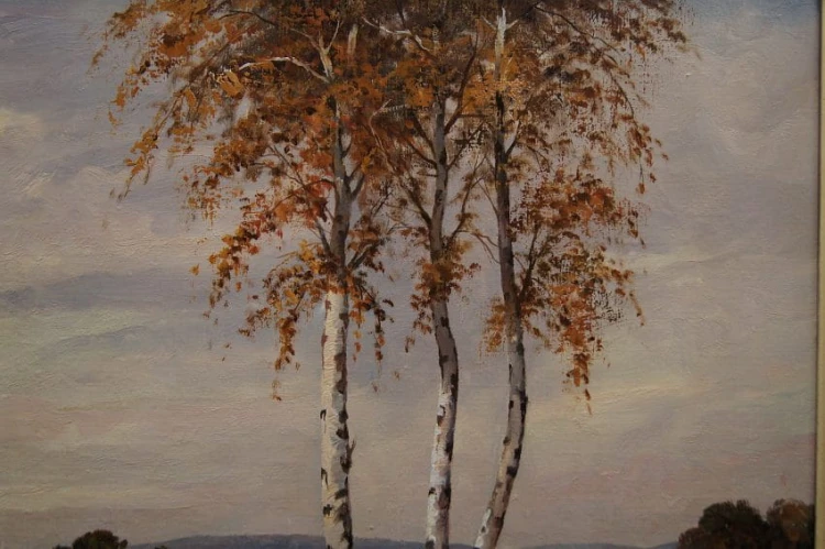 Josef Sühs - Polna droga wśród wrzosów i brzóz malarstwo pejzażowe