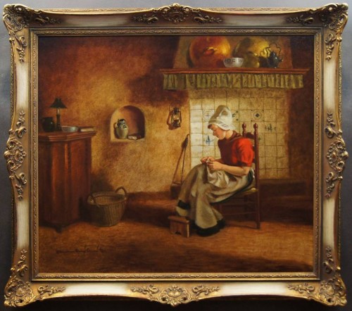 Duży obraz olejny - Holenderska scena we wnętrzu