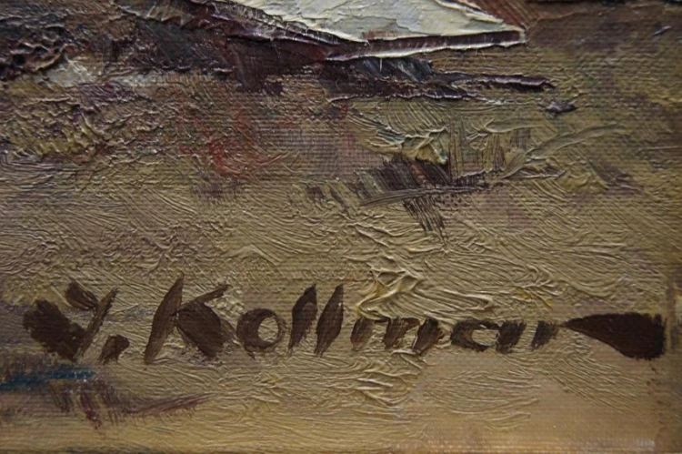 Josef Kollmar - Malarstwo aukcyjne Nastrojowy pejzaż z łodziami