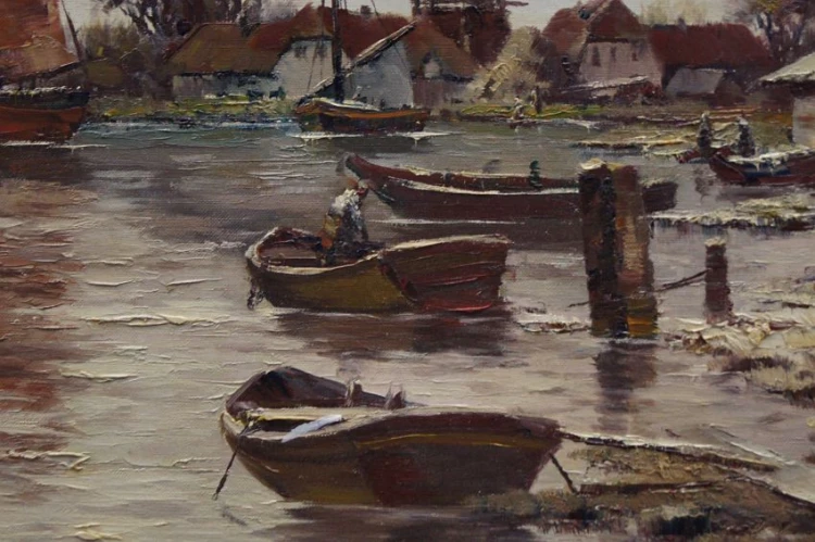Josef Kollmar - Malarstwo aukcyjne Nastrojowy pejzaż z łodziami