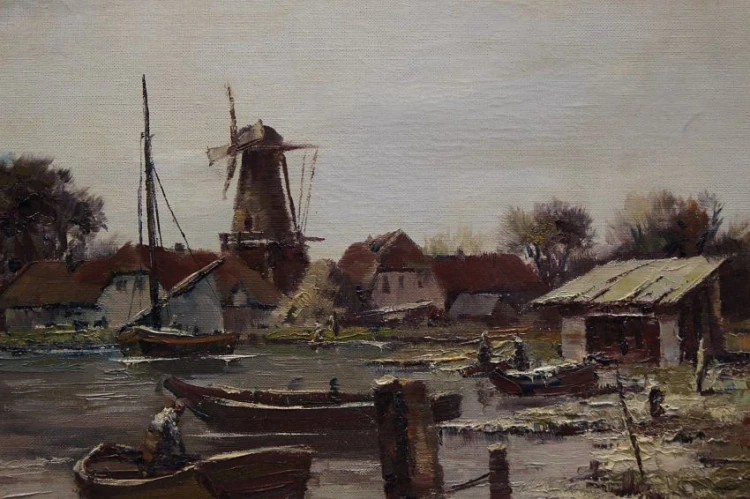 Josef Kollmar - Malarstwo aukcyjne Nastrojowy pejzaż z łodziami