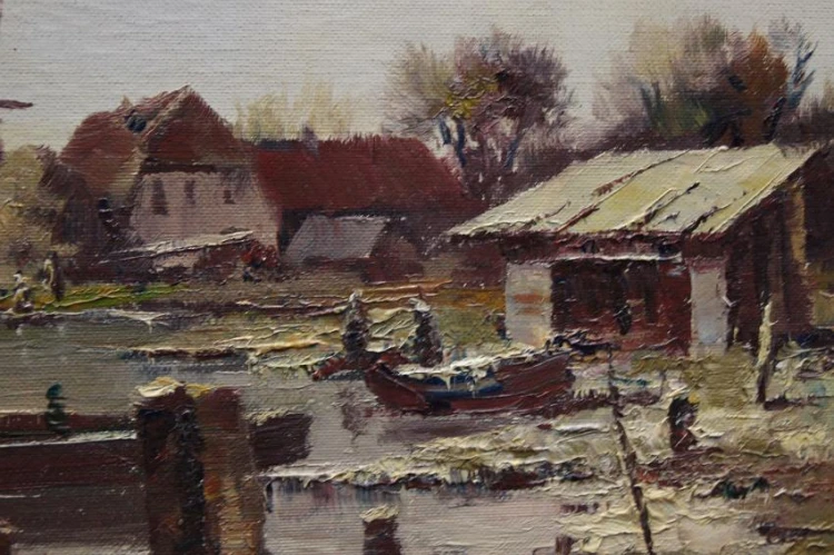 Josef Kollmar - Malarstwo aukcyjne Nastrojowy pejzaż z łodziami