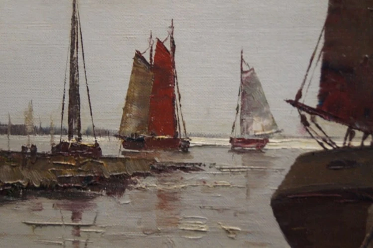 Josef Kollmar - Malarstwo aukcyjne Nastrojowy pejzaż z łodziami