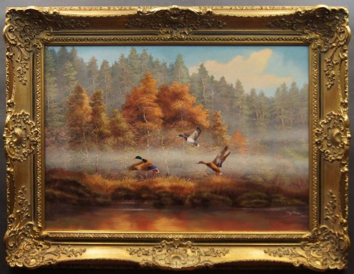 Kurt Heyden - Kaczka krzyżówka poranną zorzą obraz olejny