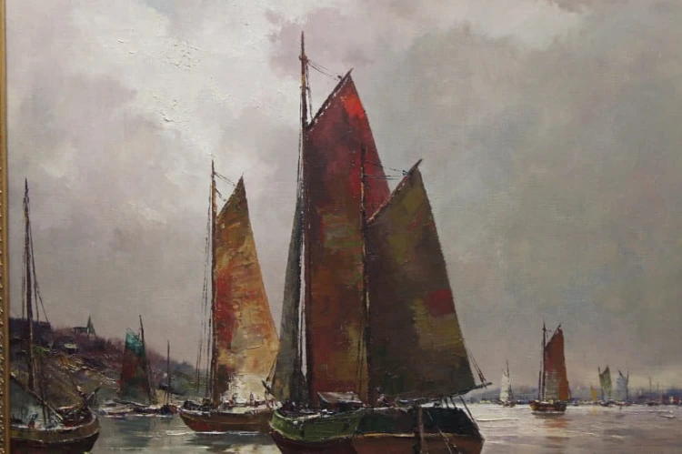 Josef Kollmar - Nadmorska zatoka z kutrami aukcyjny artysta