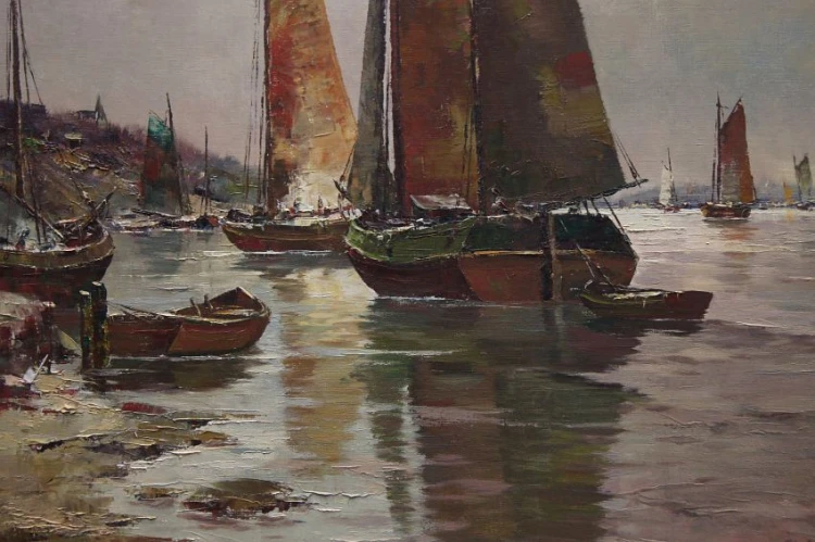 Josef Kollmar - Nadmorska zatoka z kutrami aukcyjny artysta