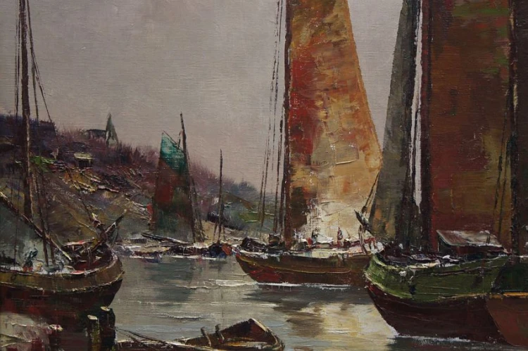 Josef Kollmar - Nadmorska zatoka z kutrami aukcyjny artysta