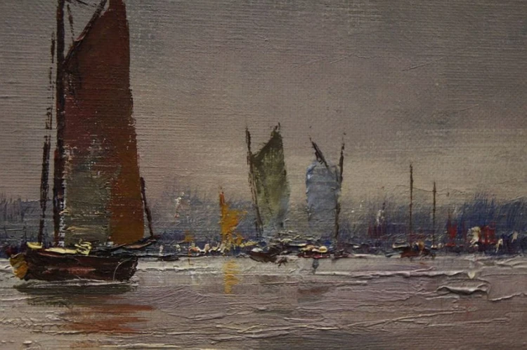 Josef Kollmar - Nadmorska zatoka z kutrami aukcyjny artysta