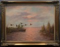 Helmut Gerth - Szybujące dzikie kaczki na tle wieczornej poświaty szczeciński malarz
