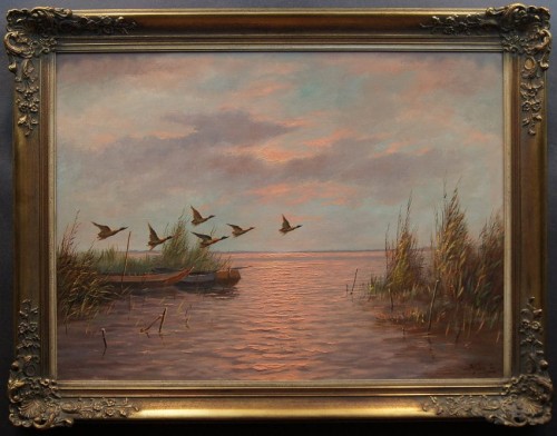 Helmut Gerth - Szybujące dzikie kaczki na tle wieczornej poświaty szczeciński malarz