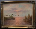 Helmut Gerth - Szybujące dzikie kaczki na tle wieczornej poświaty szczeciński malarz