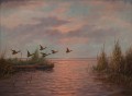 Helmut Gerth - Szybujące dzikie kaczki na tle wieczornej poświaty szczeciński malarz