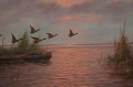 Helmut Gerth - Szybujące dzikie kaczki na tle wieczornej poświaty szczeciński malarz