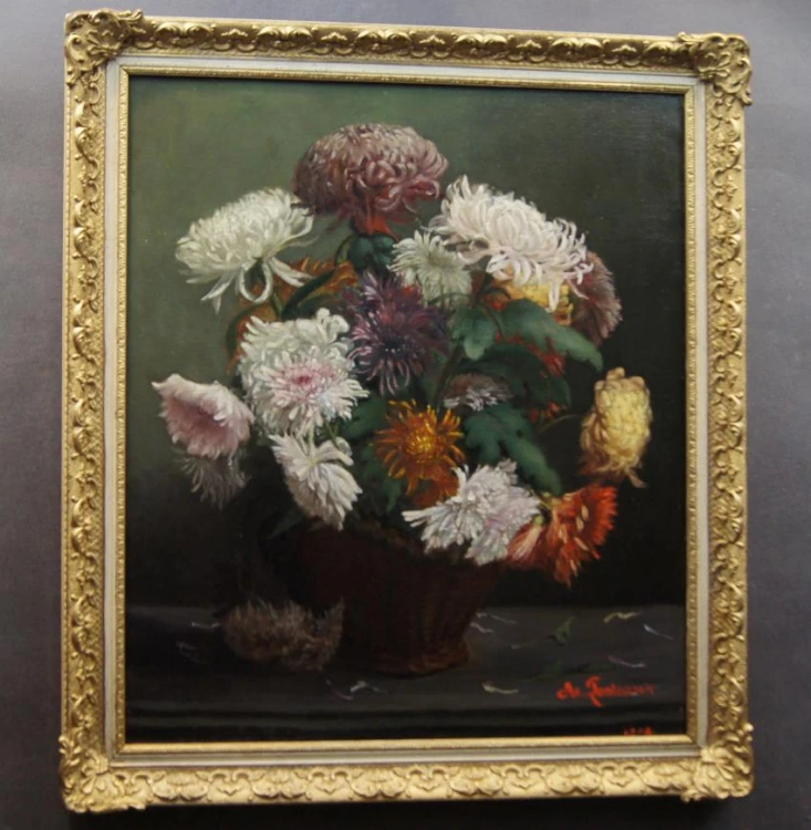 Ed. Posteaux I Wielobarwne peonie w wazonie przedwojenny obraz 1903 rok