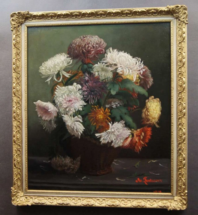 Ed. Posteaux I Wielobarwne peonie w wazonie przedwojenny obraz 1903 rok