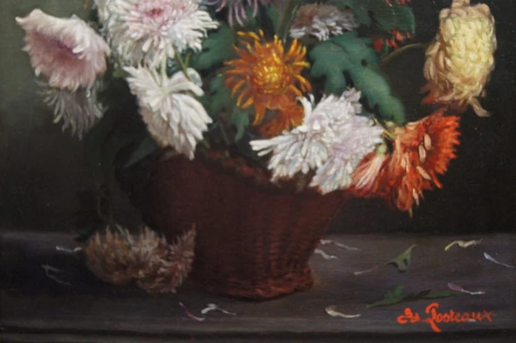 Ed. Posteaux I Wielobarwne peonie w wazonie przedwojenny obraz 1903 rok