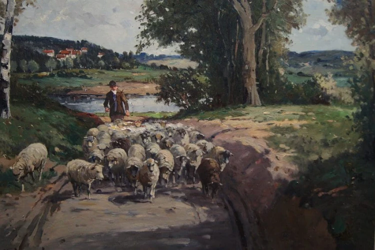 Karl Mohr duży obraz niemieckiego malarza - Stado owiec pod okiem bacy