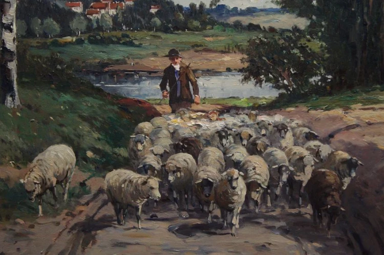 Karl Mohr duży obraz niemieckiego malarza - Stado owiec pod okiem bacy