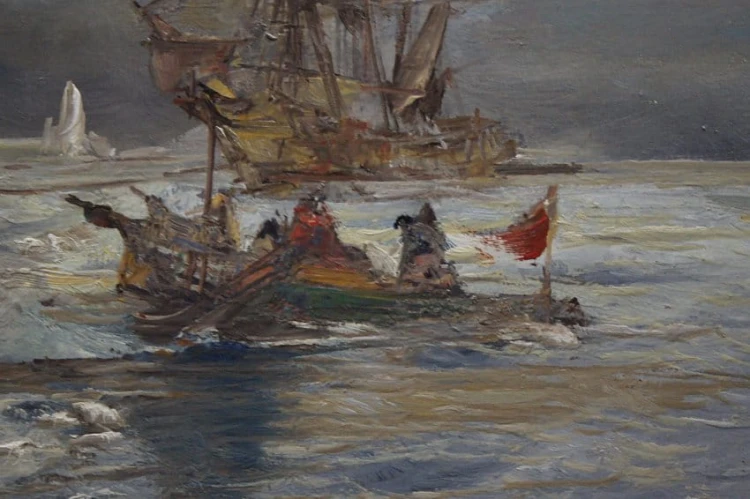 Leendert de Vogel - Żaglowce u wybrzeża marynistyczny obraz