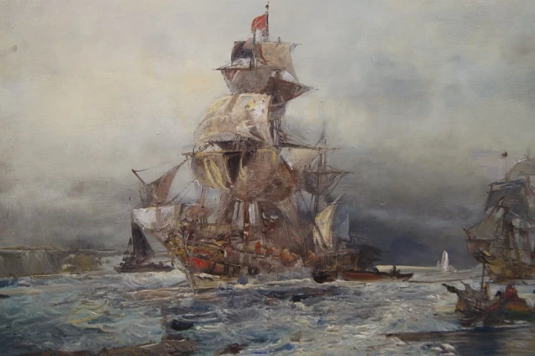 Leendert de Vogel - Żaglowce u wybrzeża marynistyczny obraz