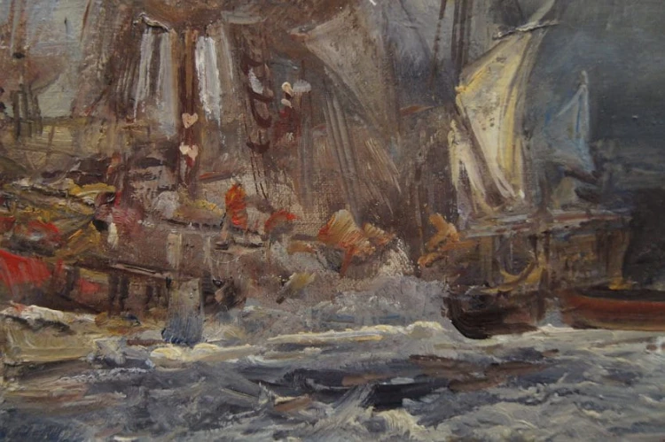 Leendert de Vogel - Żaglowce u wybrzeża marynistyczny obraz