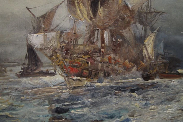 Leendert de Vogel - Żaglowce u wybrzeża marynistyczny obraz