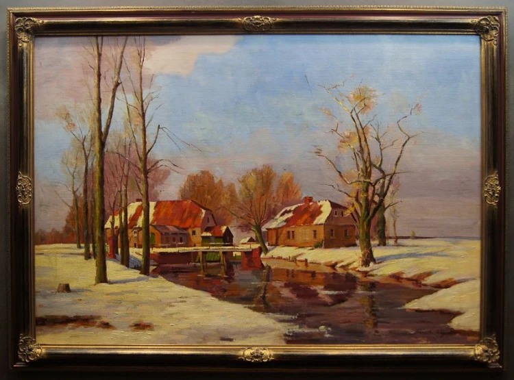 Młyn wodny z Dolnego Śląska - stary obraz olejny Franz Joseph Wagner