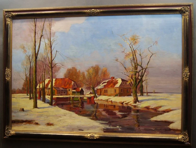 Młyn wodny z Dolnego Śląska - stary obraz olejny Franz Joseph Wagner