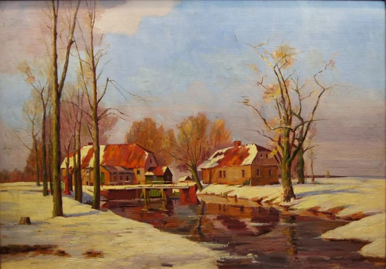 Młyn wodny z Dolnego Śląska - stary obraz olejny Franz Joseph Wagner