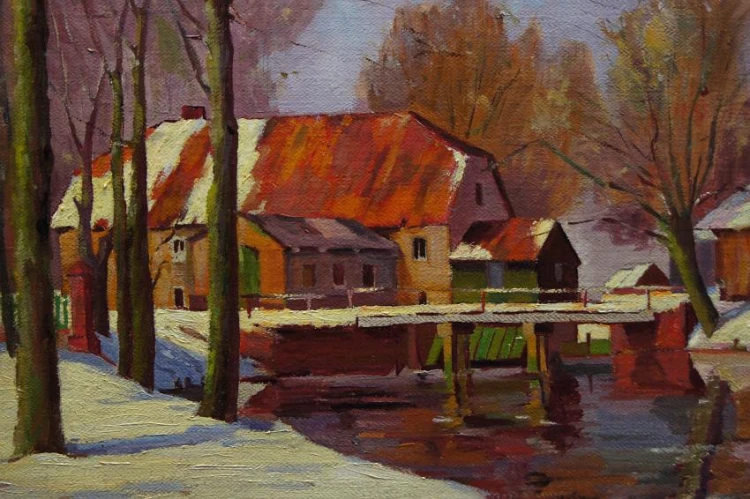 Młyn wodny z Dolnego Śląska - stary obraz olejny Franz Joseph Wagner