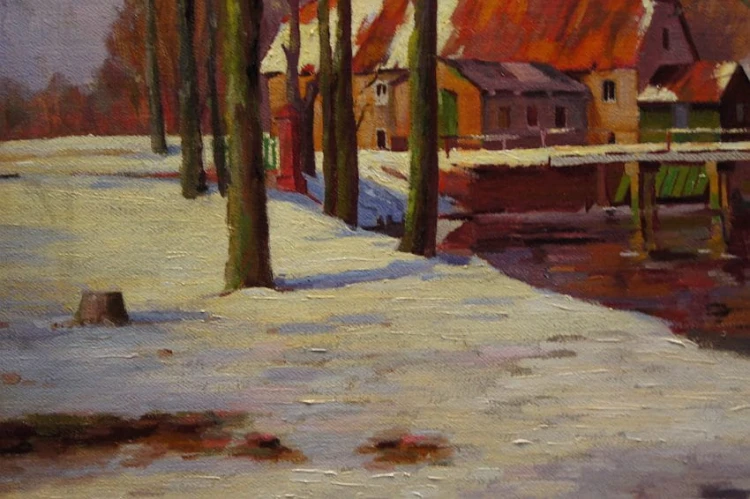 Młyn wodny z Dolnego Śląska - stary obraz olejny Franz Joseph Wagner