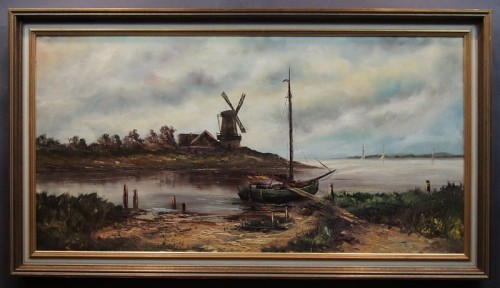 Holenderski krajobraz z wiatrakiem ujście rzeki obraz olejny
