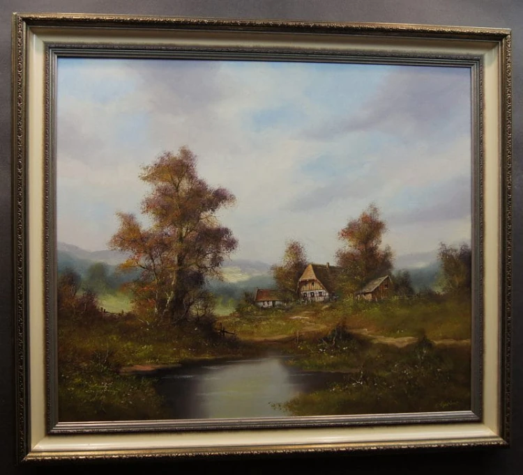 Ernst Gerber Wiejski staw sielski obraz malowany