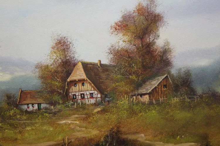 Ernst Gerber Wiejski staw sielski obraz malowany