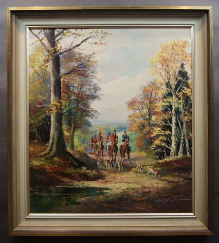 Duży obraz myśliwski - Polowanie na koniach z psami