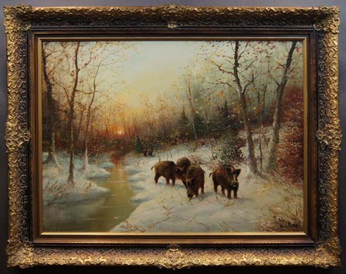 W. v. Kamp - Stado dzików zimą piękny stary obraz olejny