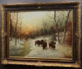 W. v. Kamp - Stado dzików zimą piękny stary obraz olejny