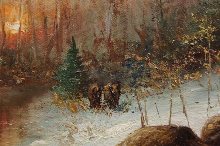 W. v. Kamp - Stado dzików zimą piękny stary obraz olejny